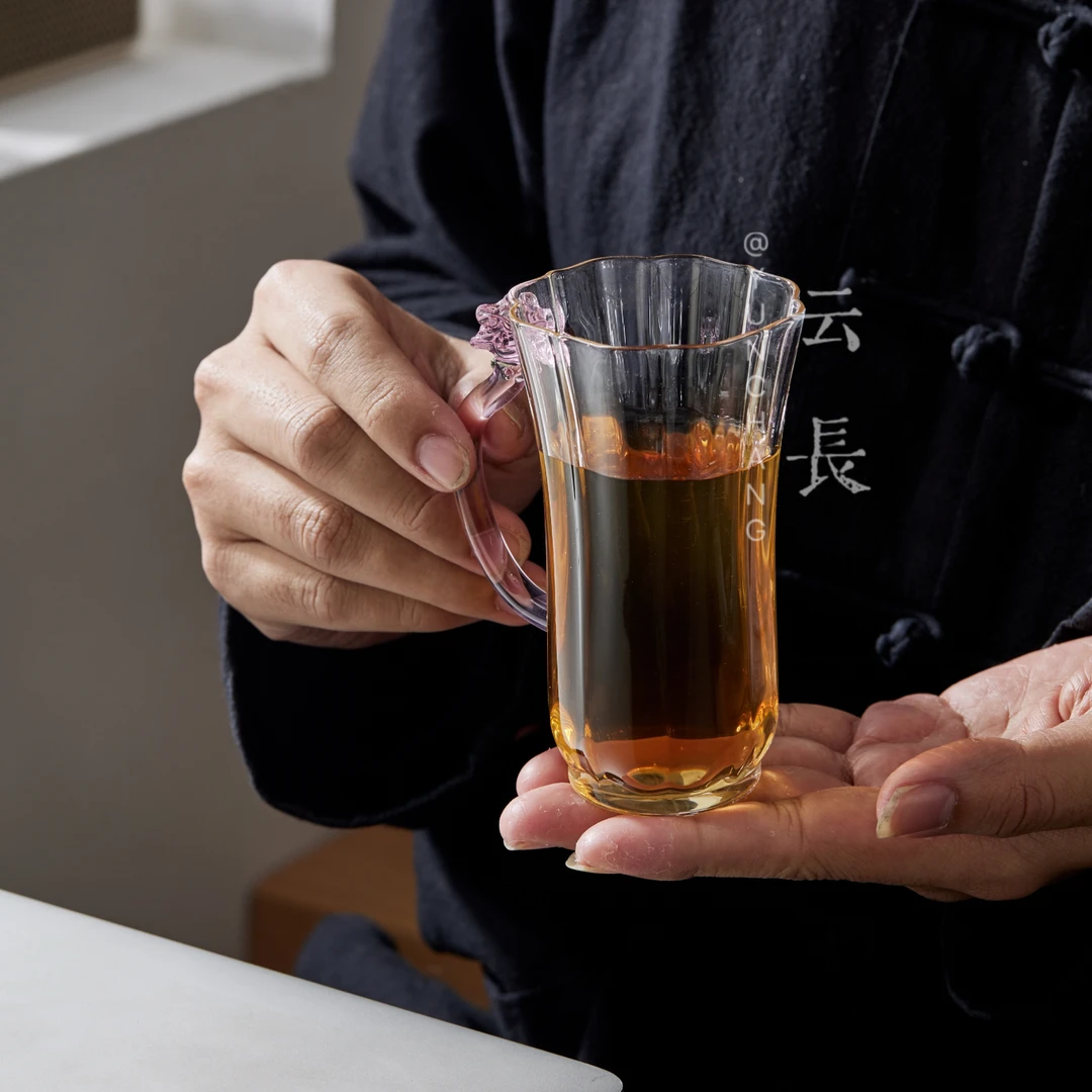云长 玻璃杯耐高温玫瑰花瓣把手高档赠送女士用礼品耐热茶杯具