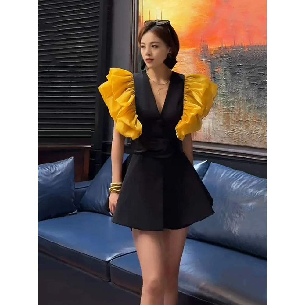 哥弟阿玛施正小众设计感洋气女人味撞色飞飞袖蓬蓬荷叶边拼接外