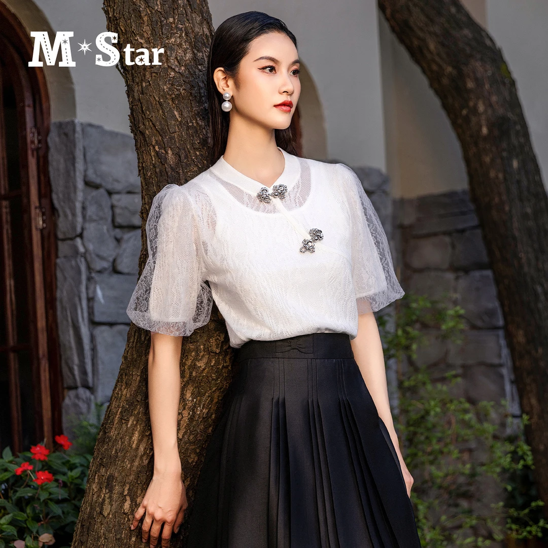 M-Star夏季新款新中式泡泡袖套头毛衣两件套女SFCM122846