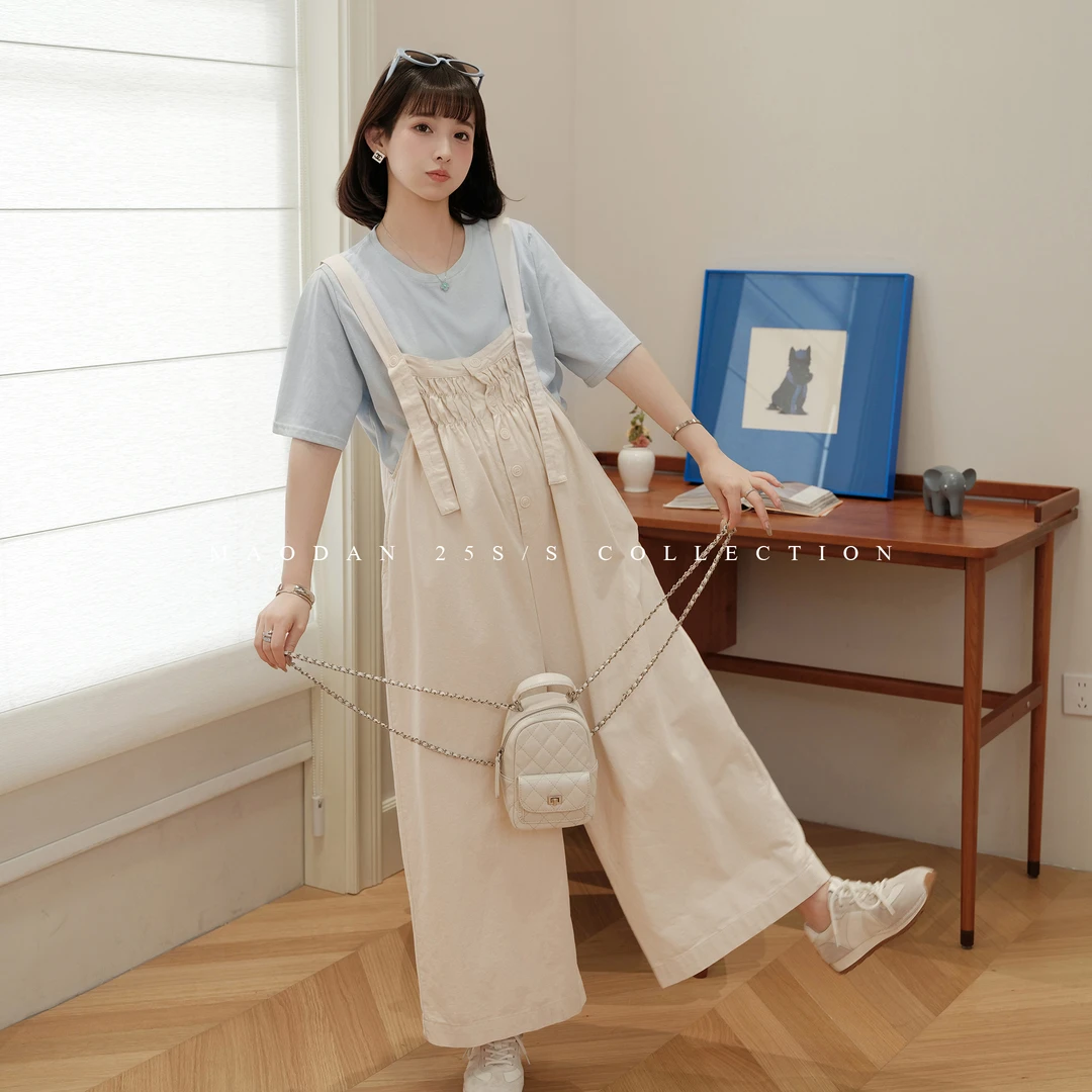 maodan/猫单【半纱米杏】短袖孕妇装纯棉背带裤2025新款休闲夏季