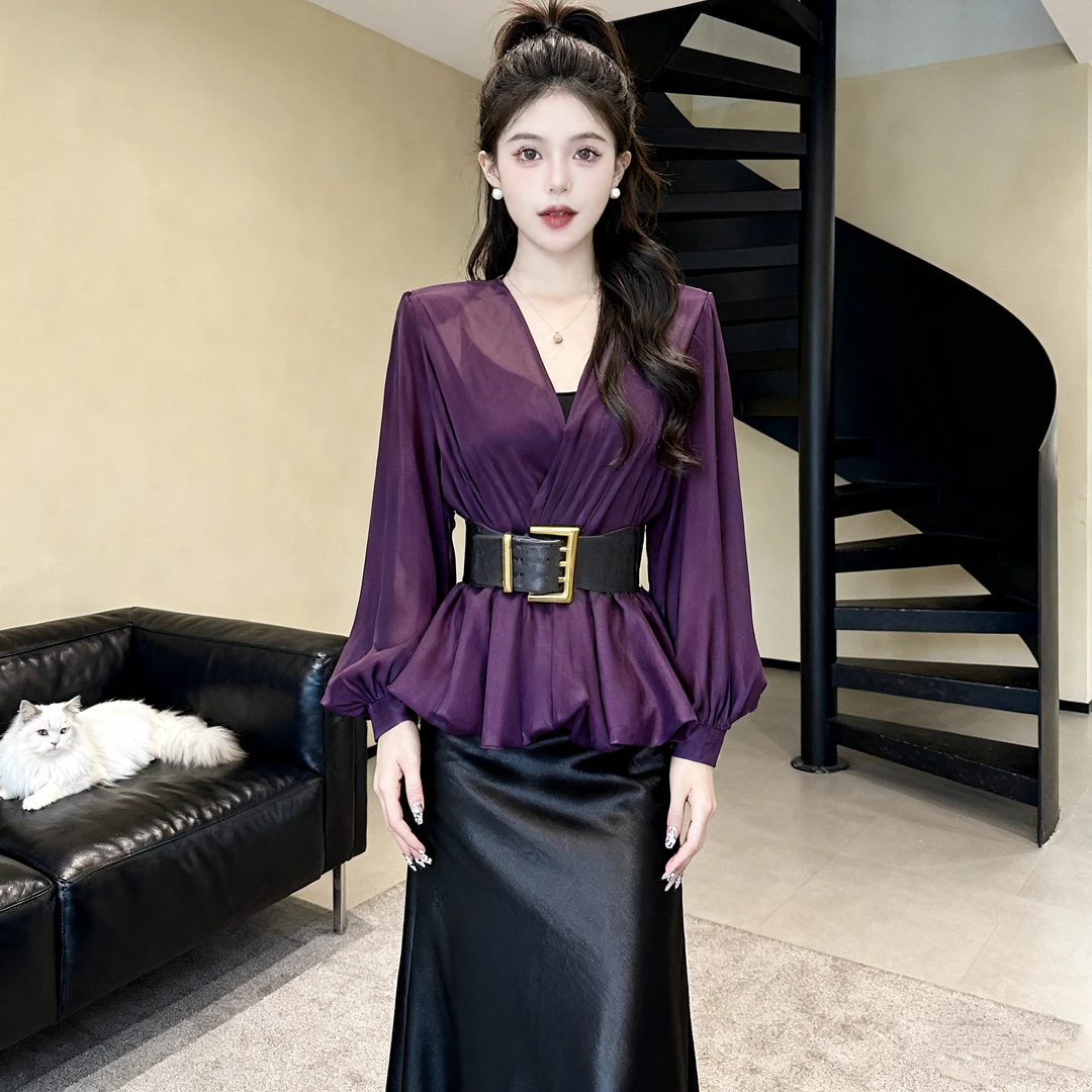 网红新款时髦重工v领纯色宽松显瘦气质收腰长袖百搭衬衫女285#