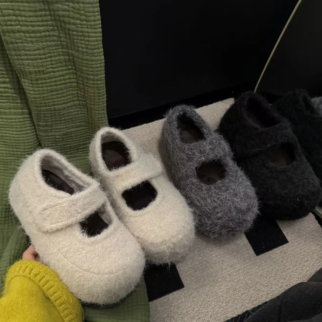 2025年冬季新款厚底增高浅口魔术贴玛丽珍内增高外穿包头毛毛鞋