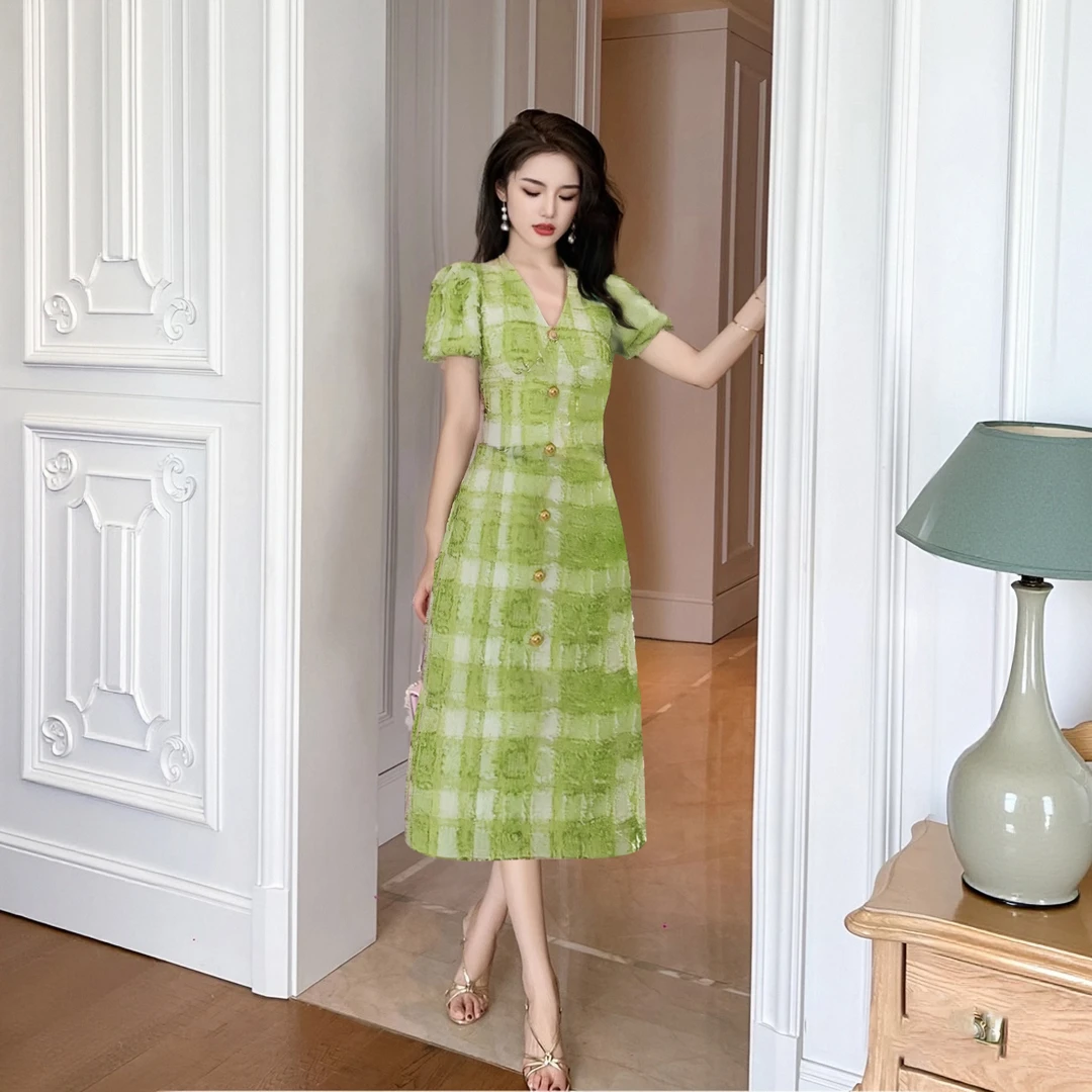 【娅姐】Y【有里布】法式绿色裙气质高级感夏小个子显瘦收腰短裙D2362