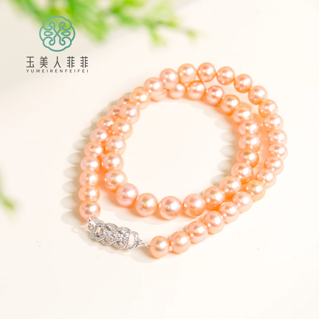 石惑珠宝~珍珠中国红圆珠项链约8mm