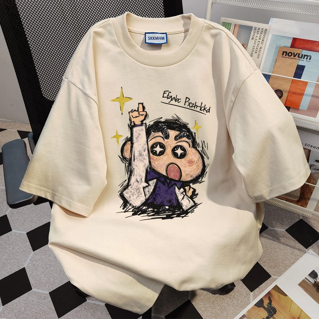 100%纯棉美式设计感涂鸦印花圆领女短袖休闲t恤夏季宽松上衣情侣