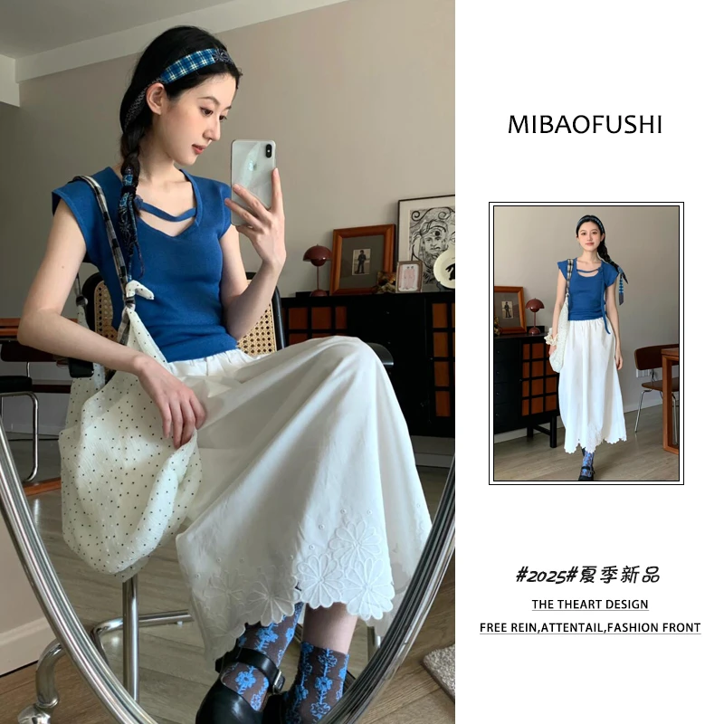 夏季穿搭一整套女装2025年新款韩系短袖t恤上衣花边半身裙两件套