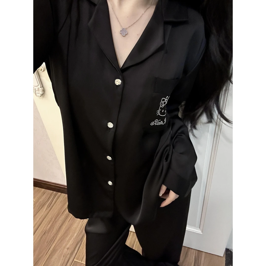 暗黑凯蒂猫烫钻黑色冰丝睡衣女套装春秋季新款设计感家居服睡衣