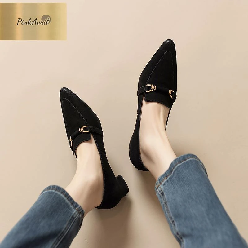 PinkAvril2025新款尖头春秋女式皮鞋粗跟单鞋女中跟显瘦乐福鞋秋