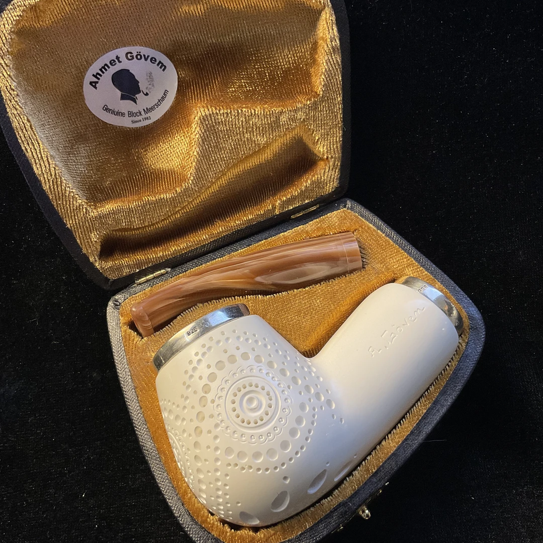 【空腔】土耳其AGM海泡石烟斗品牌镂空花篮雕花空腔苹果弯款烟斗