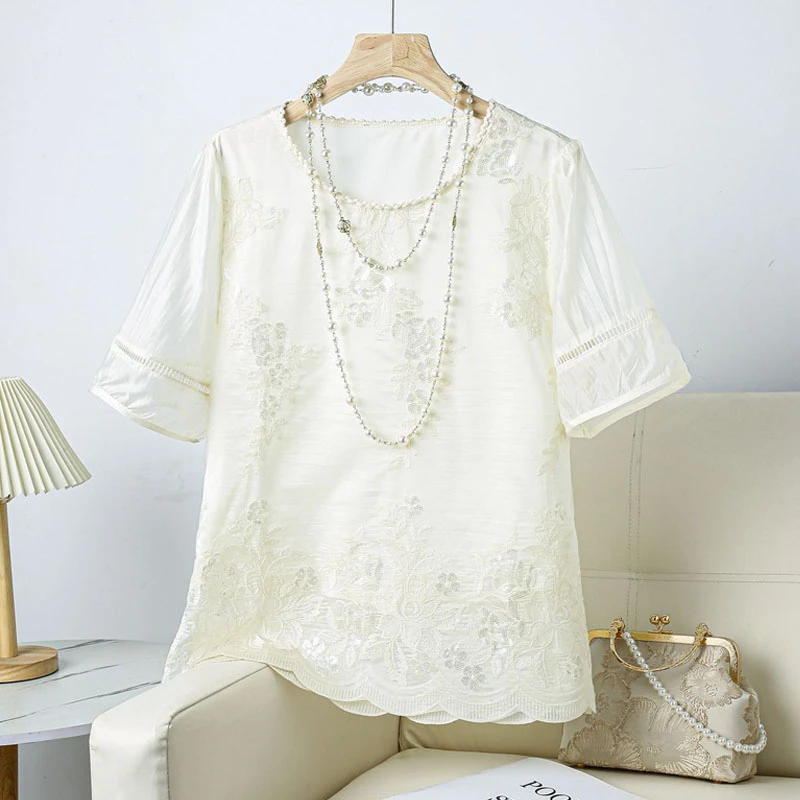 中式夏季洋气小衫女新款国风圆领刺绣上衣宽松显瘦遮肉短袖T恤
