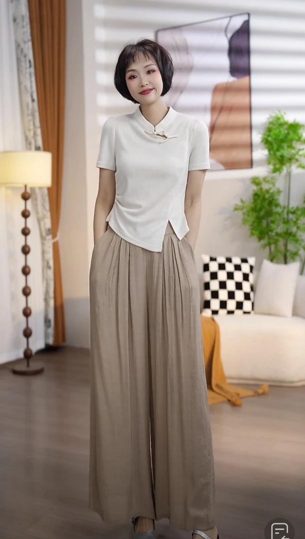 【断码清仓】T096夏季时尚国风领短袖阔腿裤两件套套裤SS8