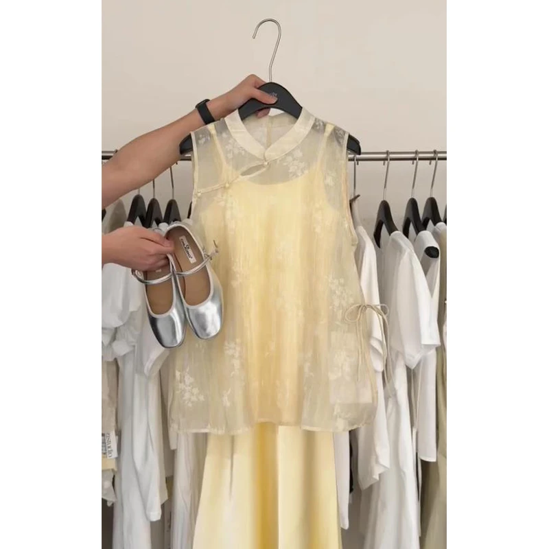 新中式国风马甲盘扣上衣吊带连衣裙套装女夏季高级气质显瘦两件套