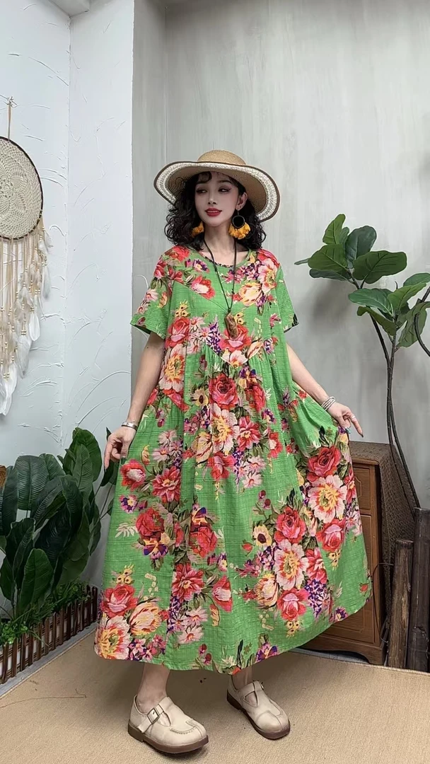 5131夏季新款清凉气质时尚复古遮肚宽松女显瘦百搭圆领休闲连衣裙