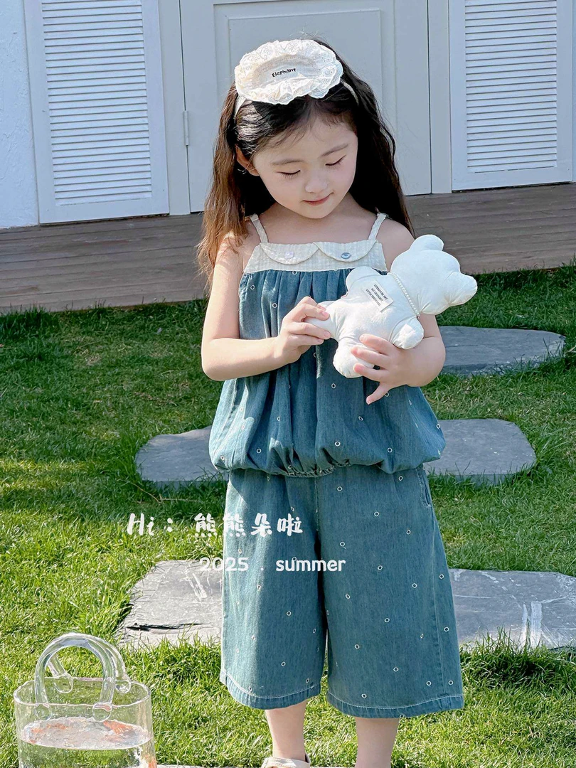 【XTL】2025新夏重工蓝色牛仔刺绣吊带拼接格子直筒裤套装99118