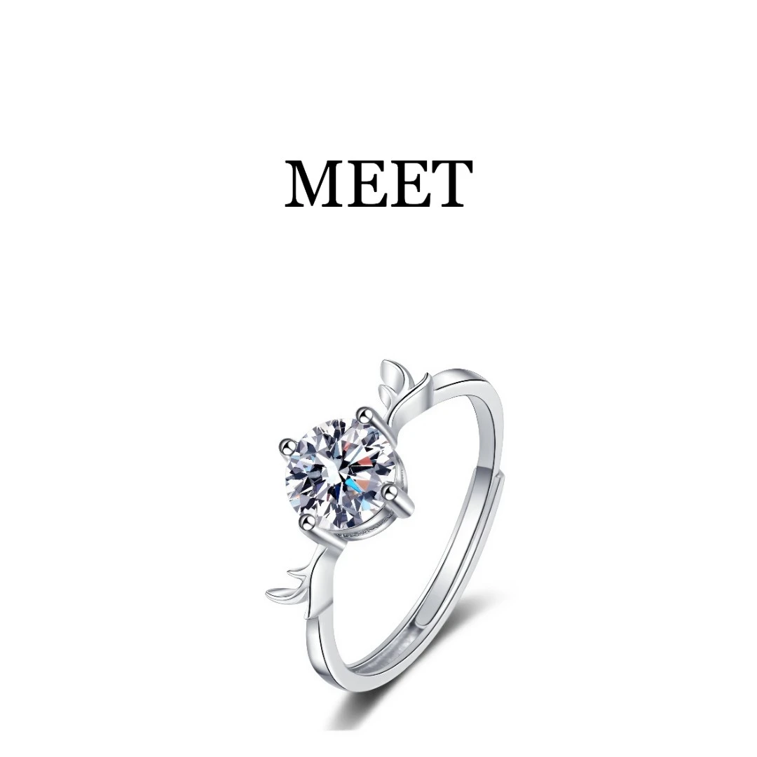 925银莫桑石戒指 一鹿有你银镀金小众女士设计师可调节银戒指环
