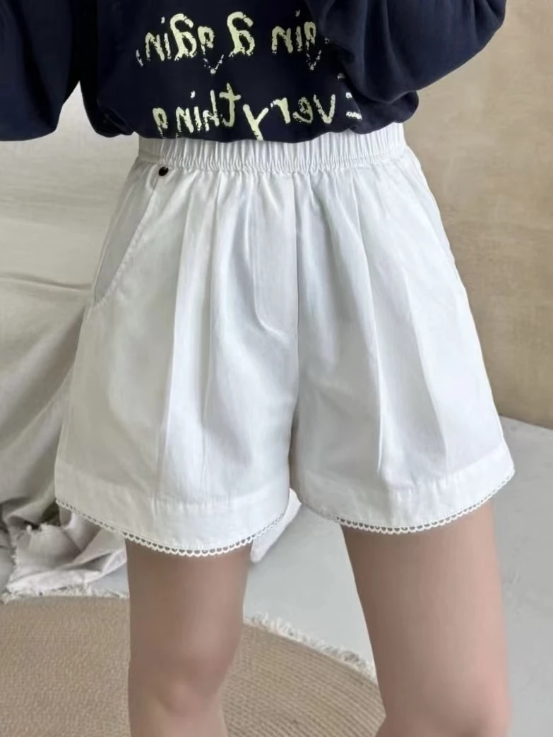 LMM 2823 松紧腰花边短裤女2025夏季新款高腰显瘦阔腿裤休闲热裤