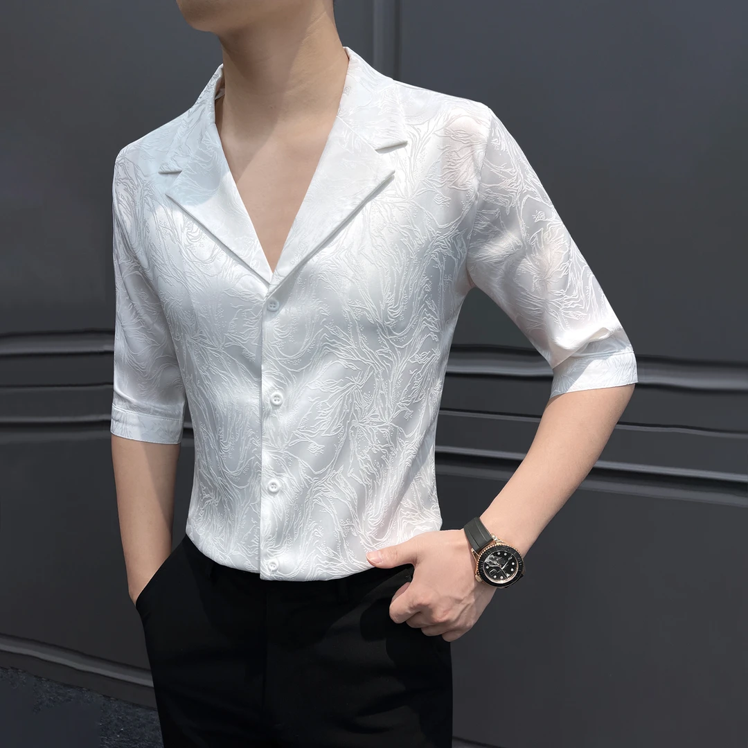 戗驳领花衬衫男短袖爆款2025新款夏季薄款痞帅高级感印花衬衣男款