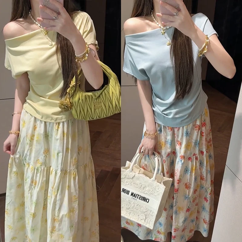 【mimius】U 简约纯欲松弛感斜肩掐腰短袖上衣+碎花半身裙 G04347