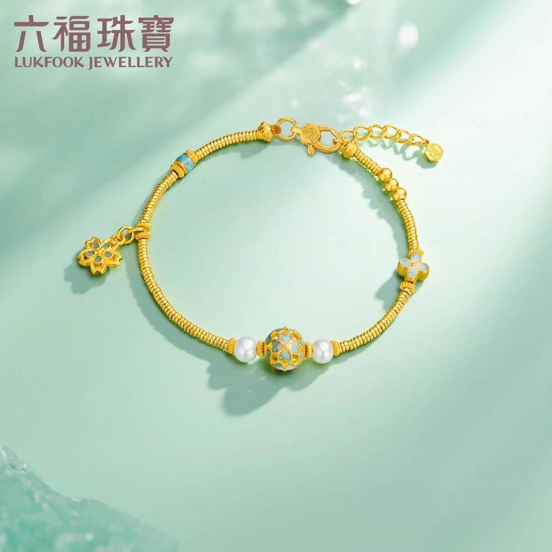 六福珠宝福满传家四叶草黄金手链 珍 珠碎金子手串计价A01G0002DS