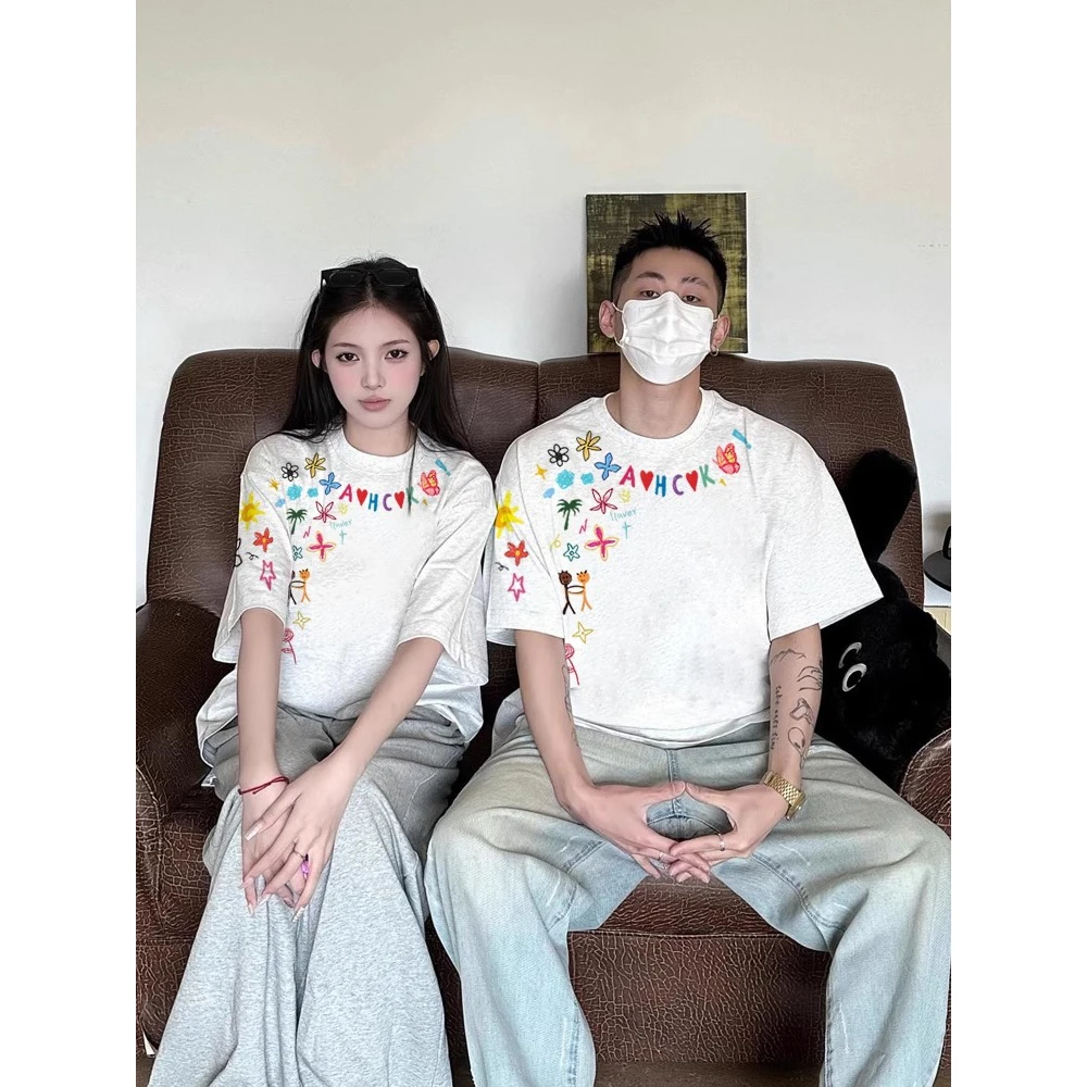 短袖网红情侣装t恤小众不撞款2025新款夏季高级感宽松男女潮圆领