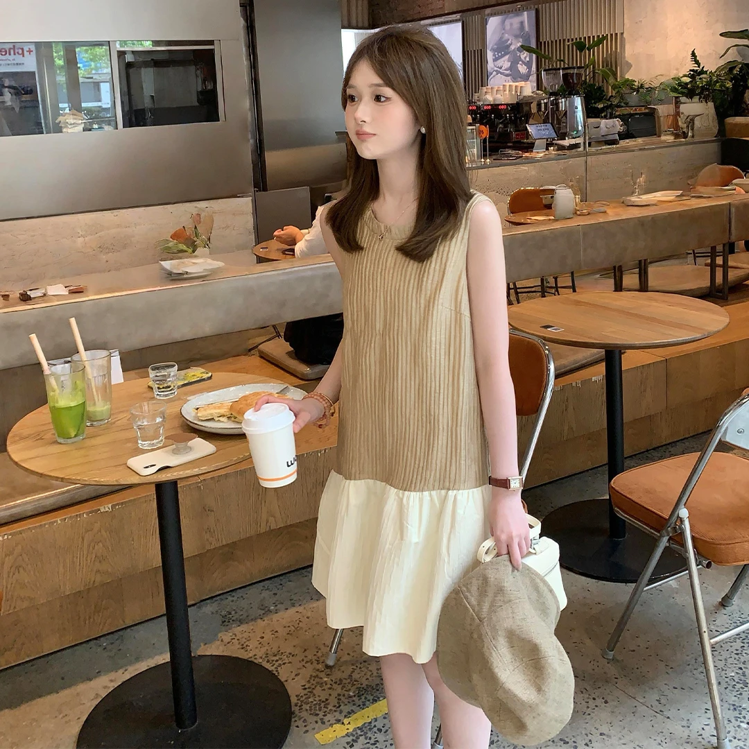 法式气质拼接撞色无袖圆领背心裙女2025夏季新款气质修身显瘦短裙