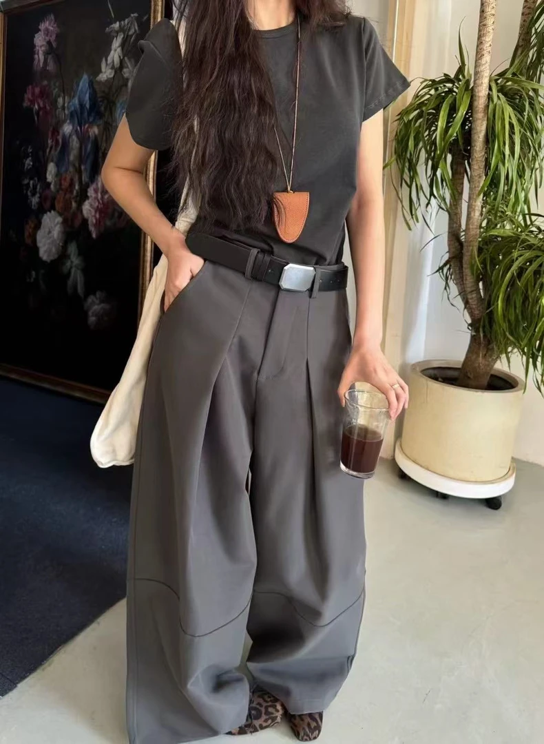 2025早春新款韩版复古时尚百搭压褶中腰设计感宽松休闲阔腿灯笼裤