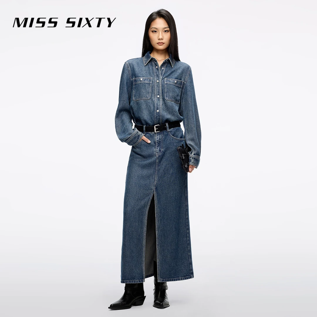 Miss Sixty2025秋季新款莱赛尔牛仔连衣裙女配腰带工装开衩长裙