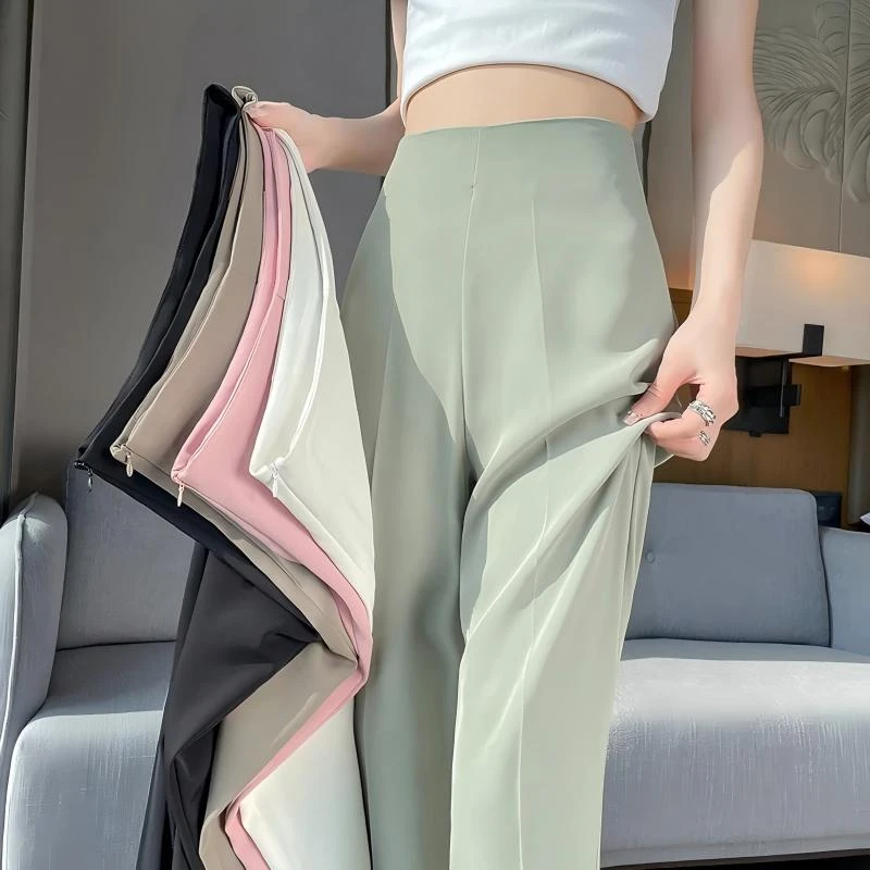 冰丝流行阔腿高级西装裤薄款窄版2025网红款侧拉链高腰垂感拖地裤