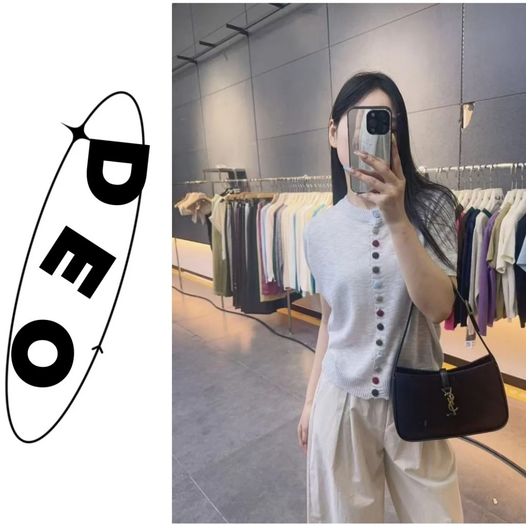 2025夏季新款百搭时尚竹节麻彩色扣子针织短袖女士上衣5208-