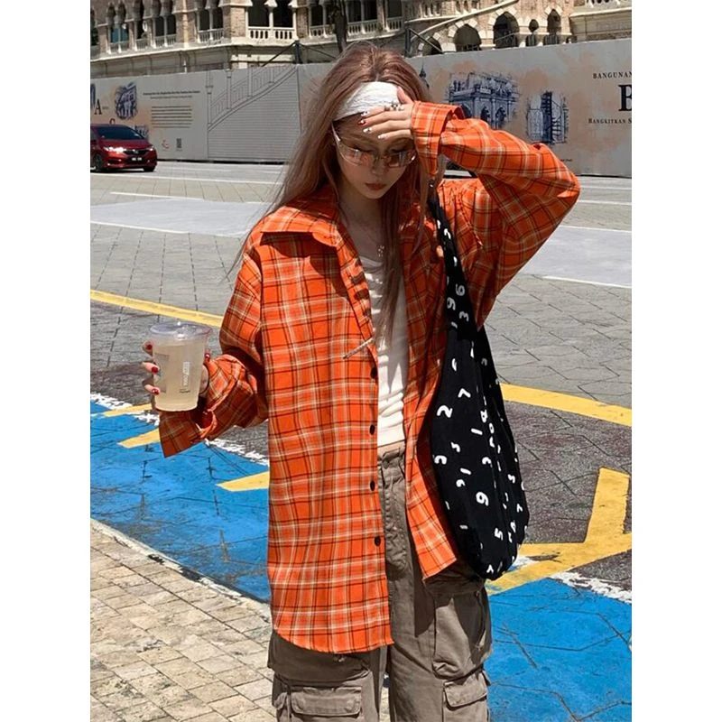 美式复古格子长袖直筒女春秋宽松休闲多巴胺橘色防晒衬衣开衫外套