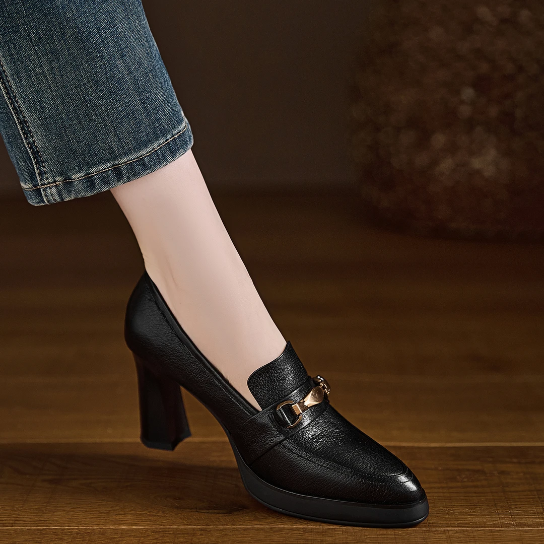 小个子手工女鞋8.5cm~尖头小皮鞋深口高跟鞋秋季新款粗跟单鞋女
