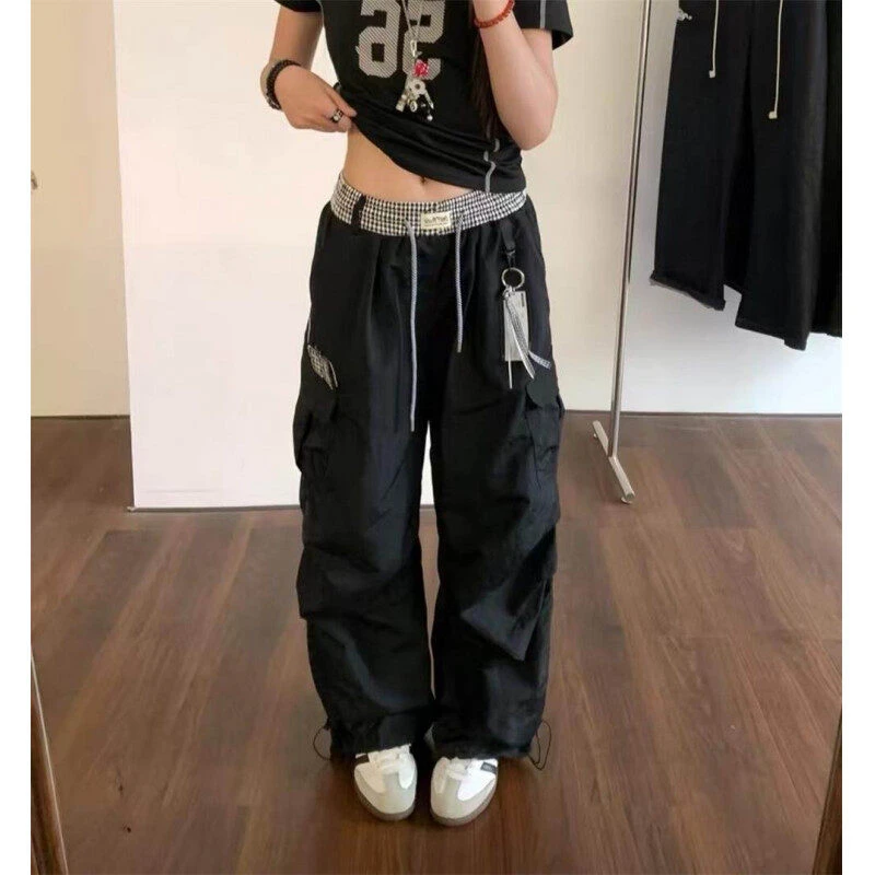 黑色拼接格子伞兵工装裤酷飒风双腰头薄款裤子美式直筒阔腿裤夏