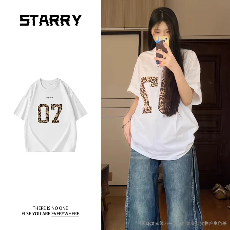 黑色豹纹字母印花正肩短袖恤女2025新爆款夏季韩系独特漂亮上衣