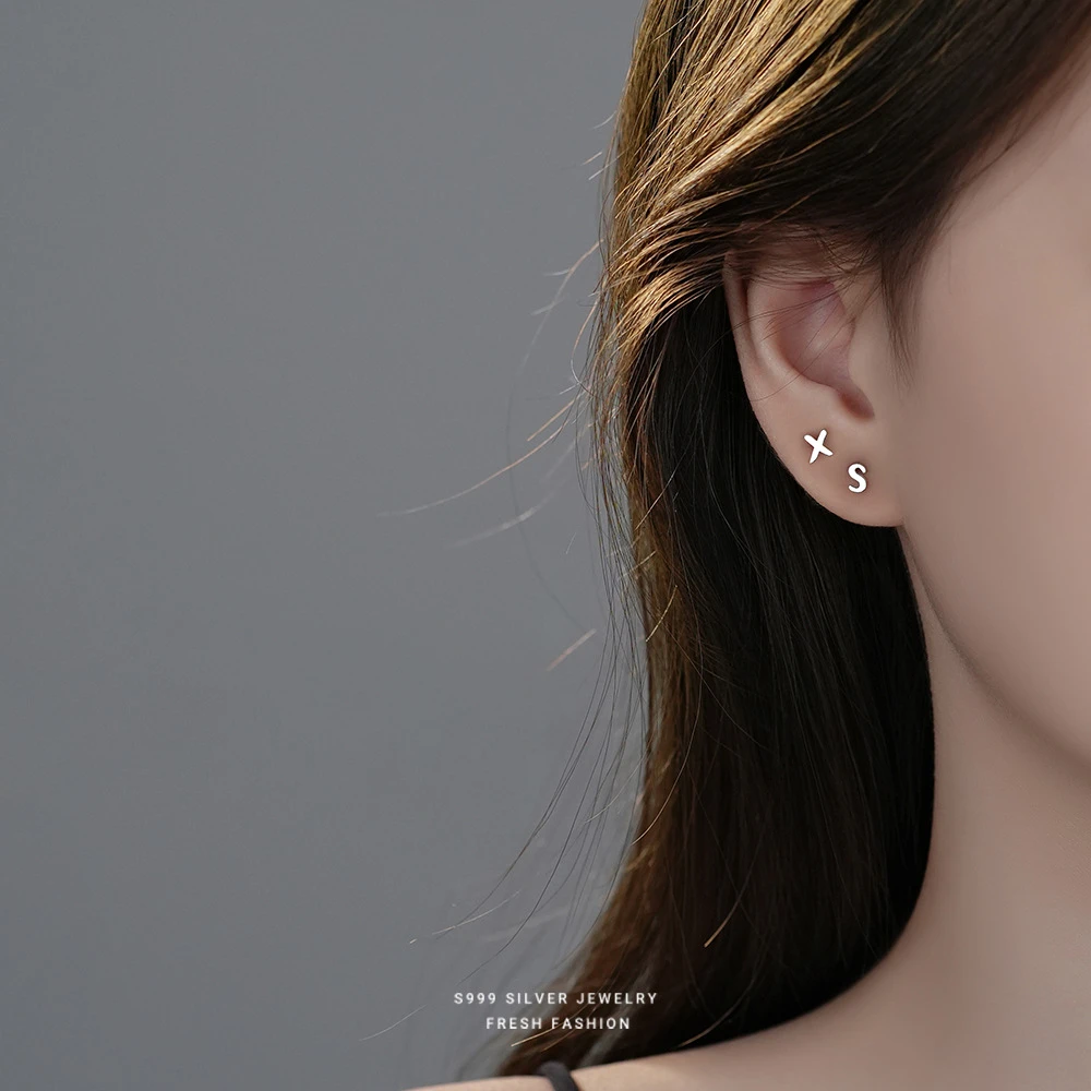 足银耳饰 s999足银光面26字母耳钉ins简约个性百搭时尚气质DIY