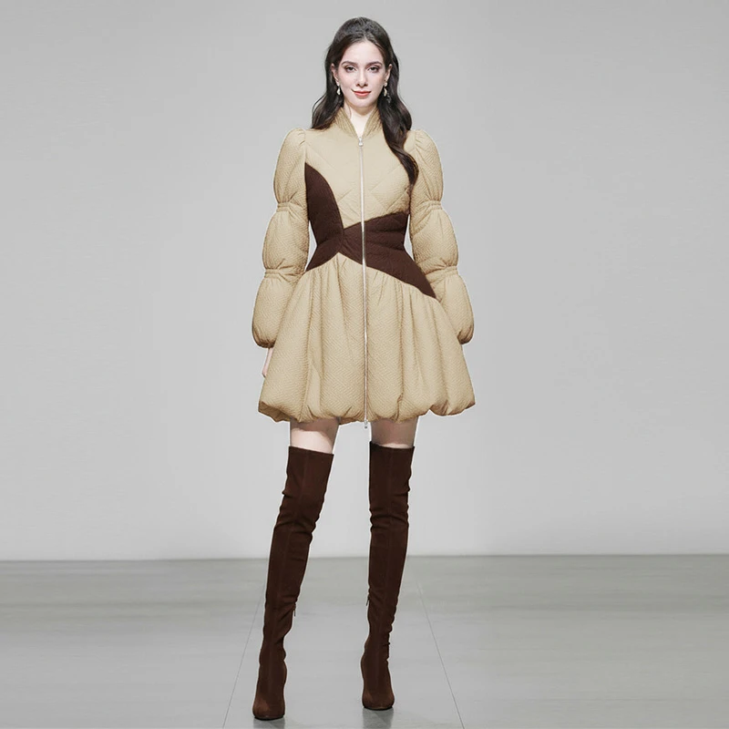 冬新撞色收腰气质短款白鸭绒羽绒服冬季千金风荷叶摆外套HC36212G