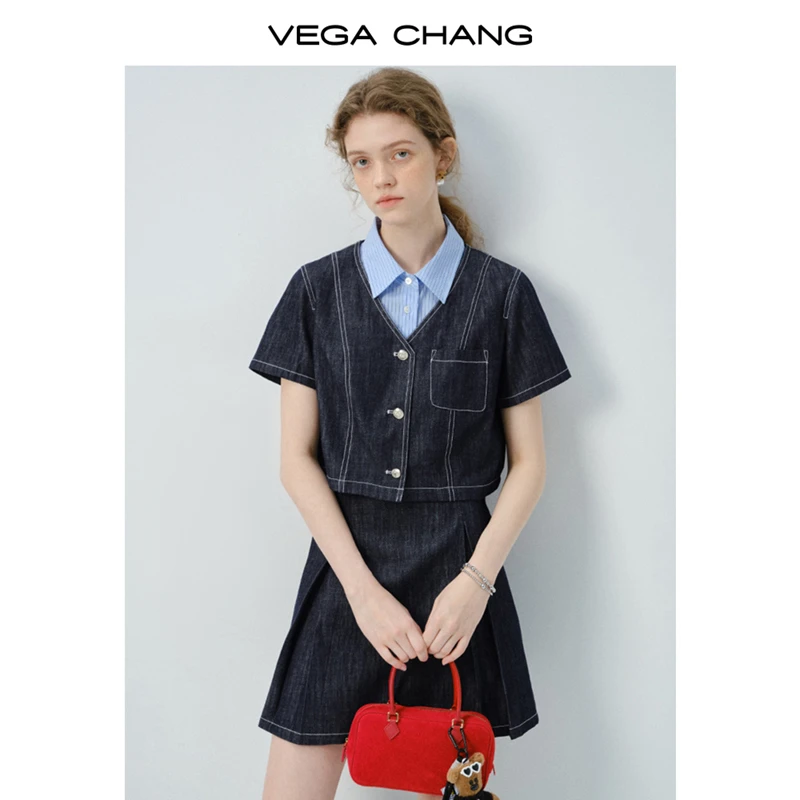 VEGA CHANG连衣裙女2025新款夏季小个子学院风假两件拼接牛仔短裙
