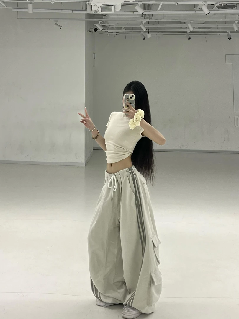 美式辣妹多口袋条纹工装裤女夏季薄款复古休闲爵士舞三条杠阔腿裤