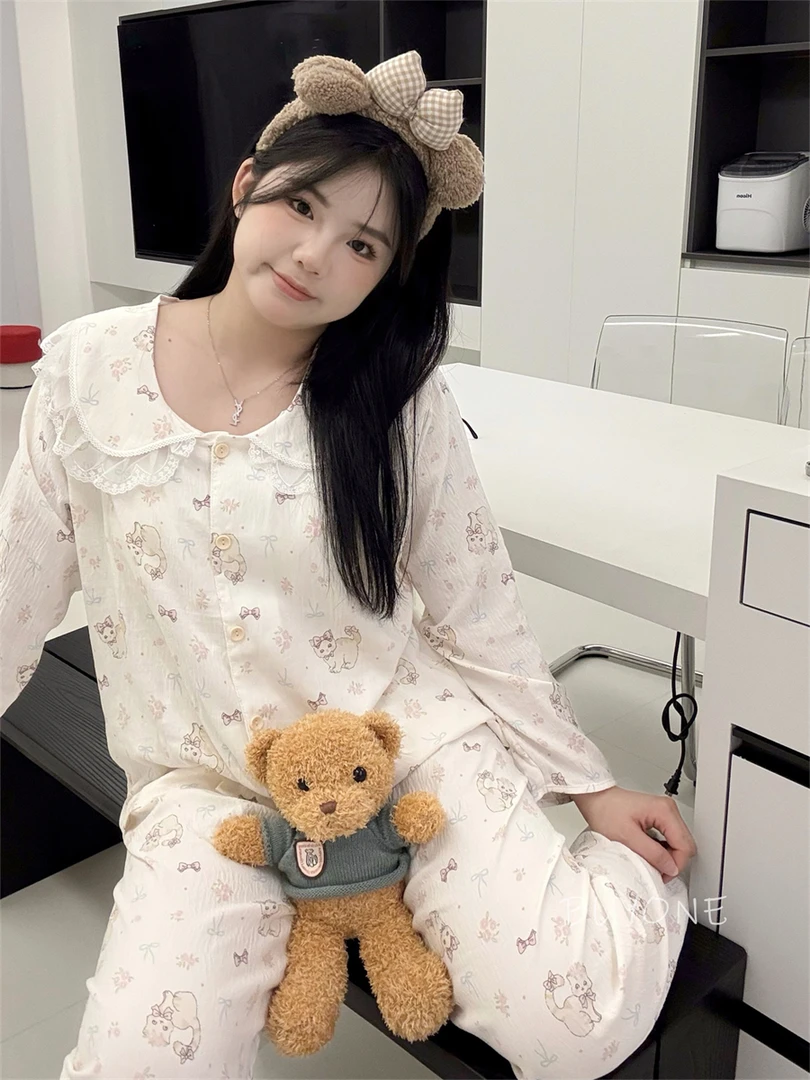 【萌萌猫咪】大码睡衣女胖MM200斤长袖长裤云朵棉蕾丝少女感猫咪