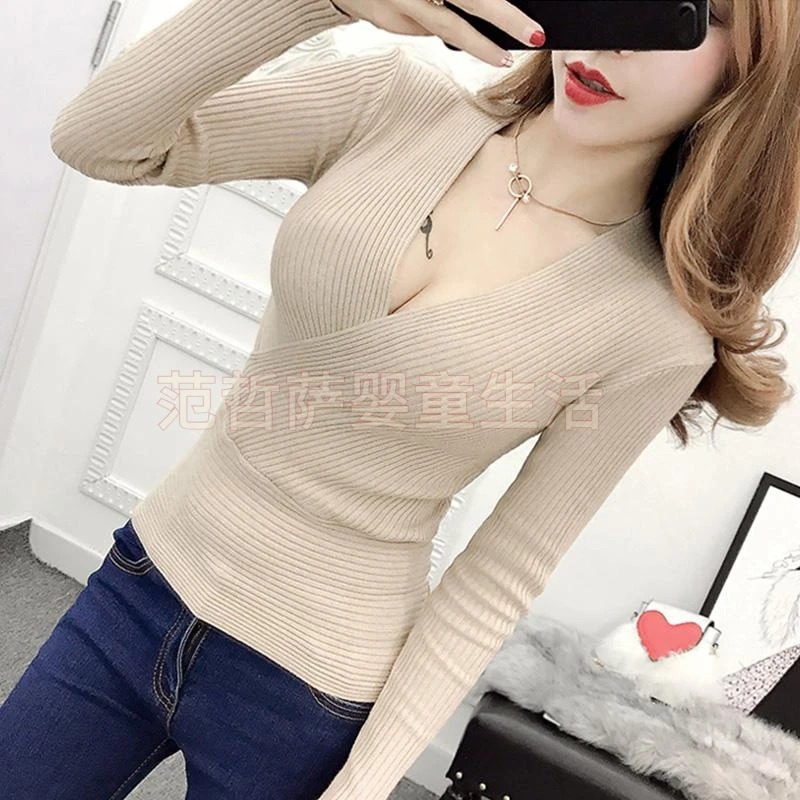 低胸打底衫女士春秋内搭性感毛衣收腰显瘦紧身交叉深v领针织上衣