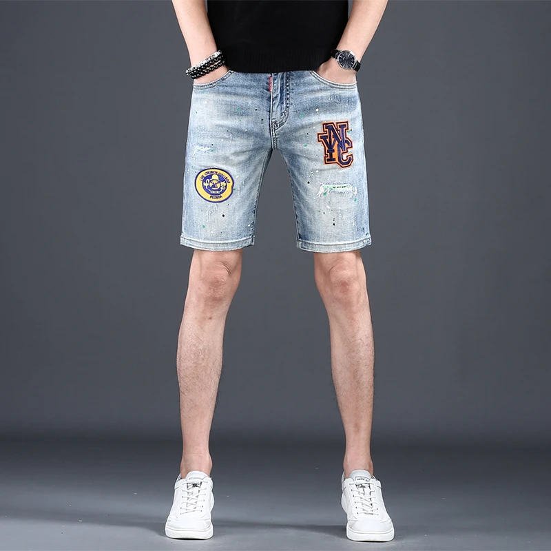 夏季薄款短裤男夏季时尚复古蓝色泼墨油漆刺绣印花中裤五分裤弹力