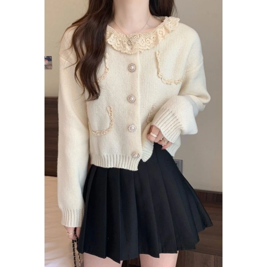 小个子蕾丝花边拼接长袖上衣女秋季新款甜妹气质打底外穿针织毛衣