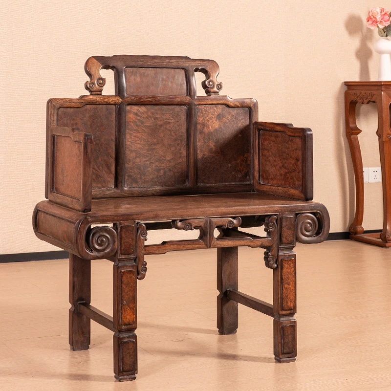 清 红木镶瘿木书卷式案形座面宝座 古董收藏
