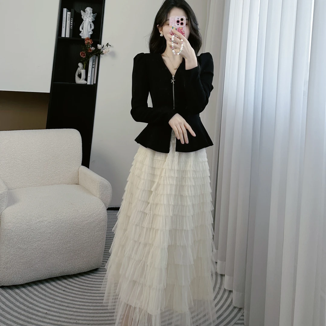 拉夏贝尔/25秋季法式气质高级收腰显瘦拉链上衣+蛋糕裙 10289 LSC