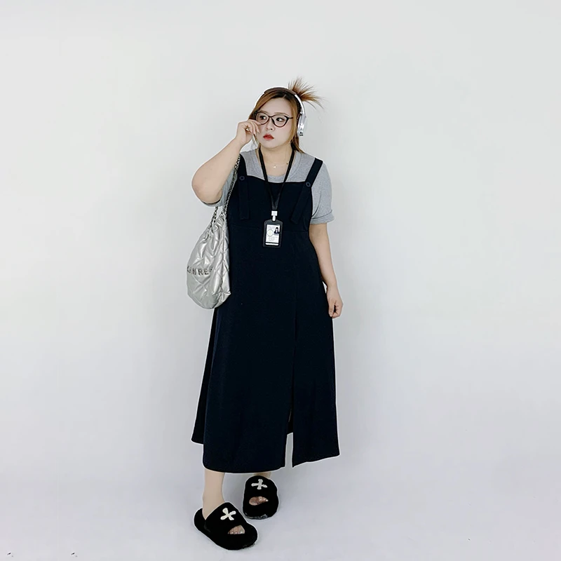 Milu家大码女装夏季正肩短袖t恤背带连衣裙胖mm收腰显瘦两件套潮