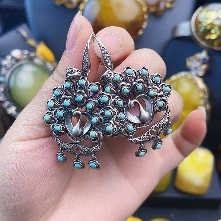 绿松石银S925镶嵌耳坠