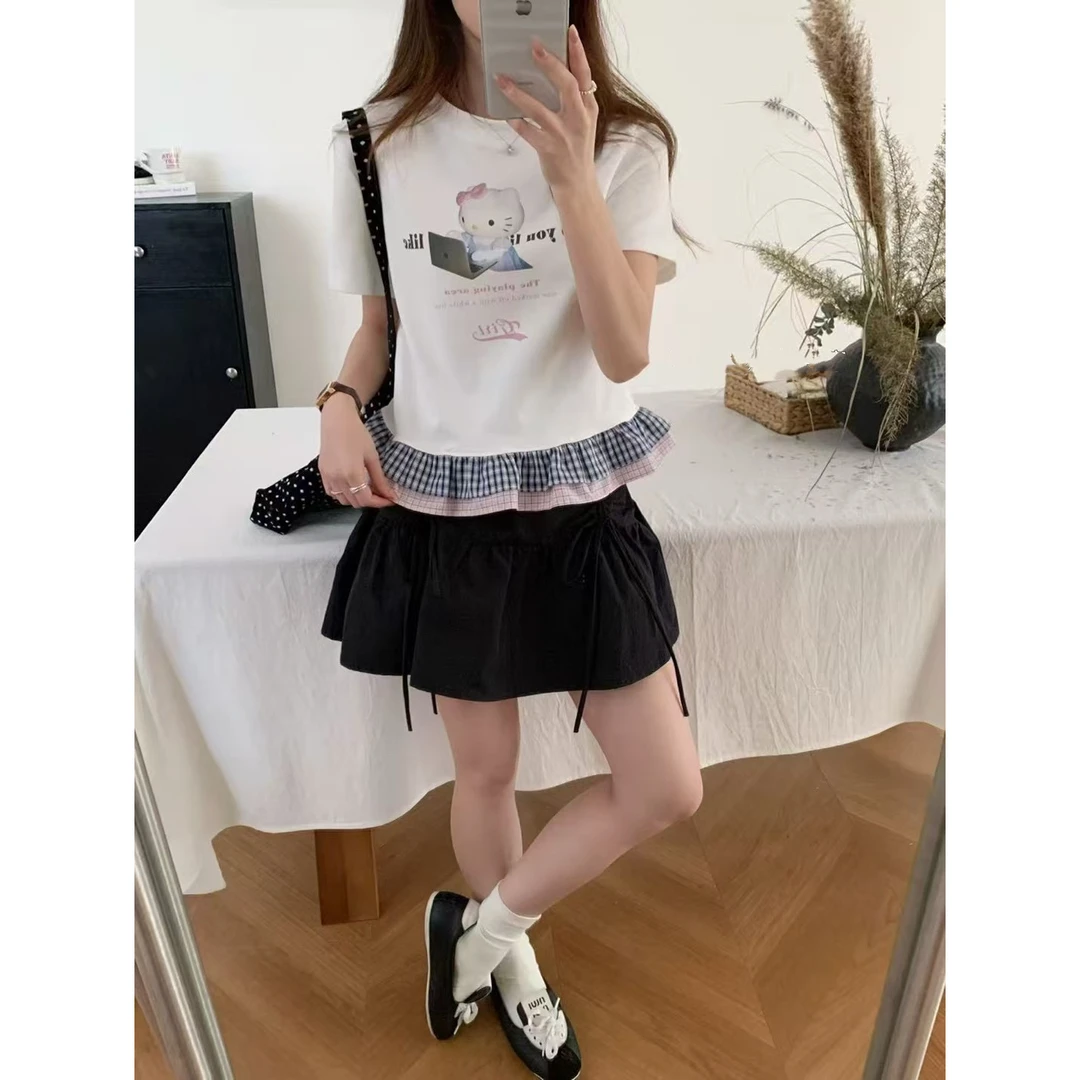 【燃燃定制】150小个子卡通短袖T恤女拼接假两件上衣-5871