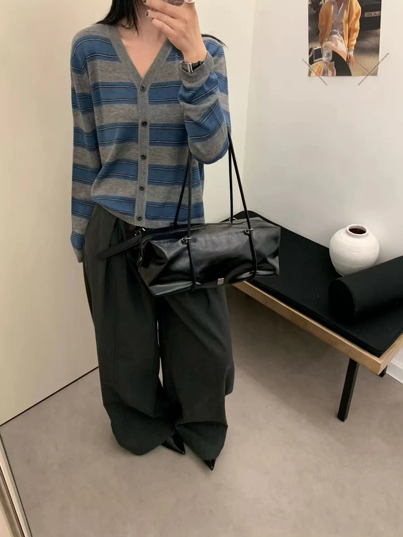 25860-3322 长袖针织V领条纹毛针织衫开衫