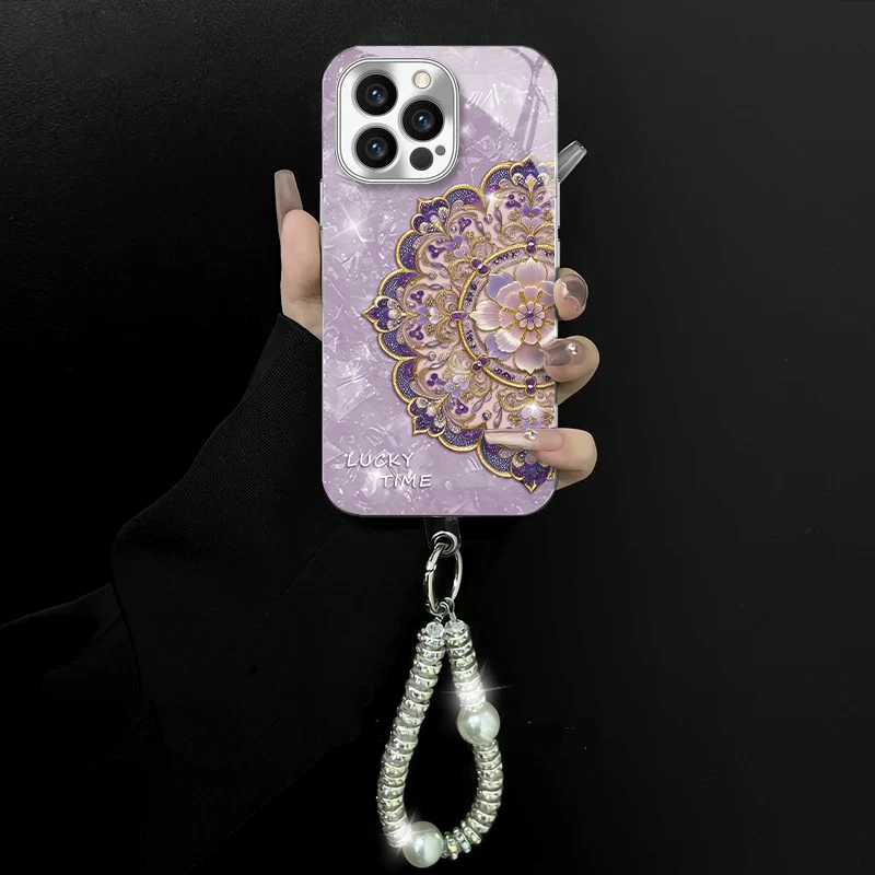 适用于苹果/oppo/华为/vivo/小米珐琅花纹电镀玻璃手链防摔手机壳