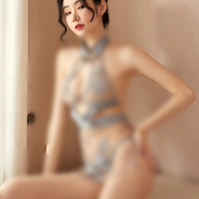 长夜漫漫情趣内衣挂脖透视网纱性感透明睡裙诱惑刺绣旗袍代发1071