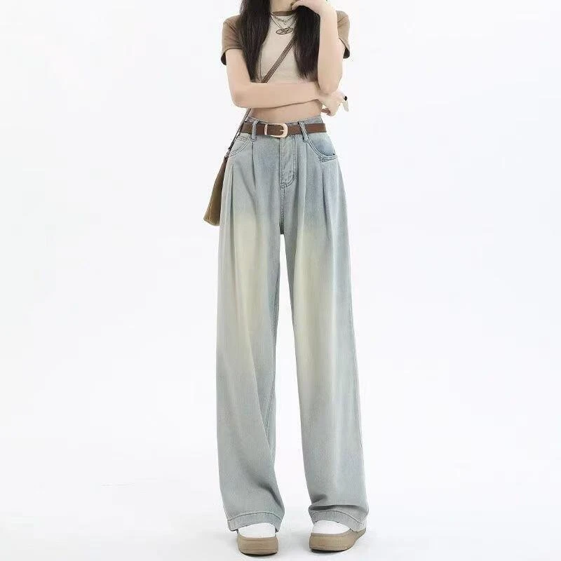 1号女高腰牛仔裤浅色宽松窄版直筒裤休闲百搭夏季设计感显瘦长裤